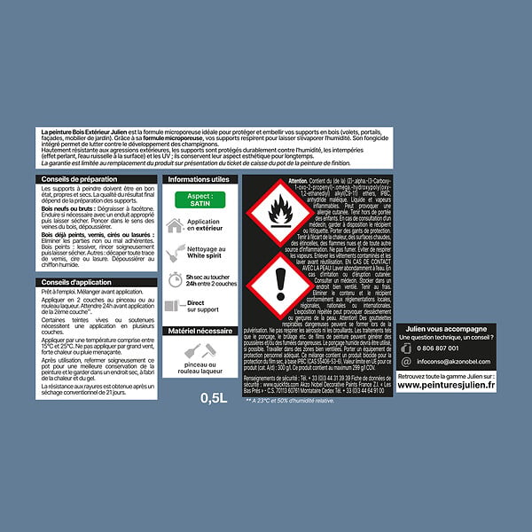 JULIEN - Peinture Extérieure Bois Microporeux Julien Satin - Bleu Pigeon 0.5L - large
