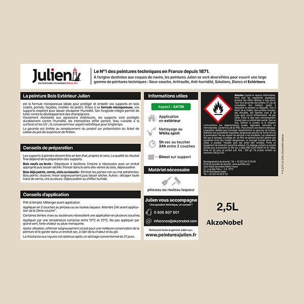 JULIEN - Peinture Extérieure Bois Microporeux Julien Satin - Blanc Perle 2.5L - large