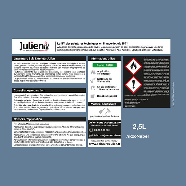 JULIEN - Peinture Extérieure Bois Microporeux Julien Satin - Bleu Pigeon 2.5L - large