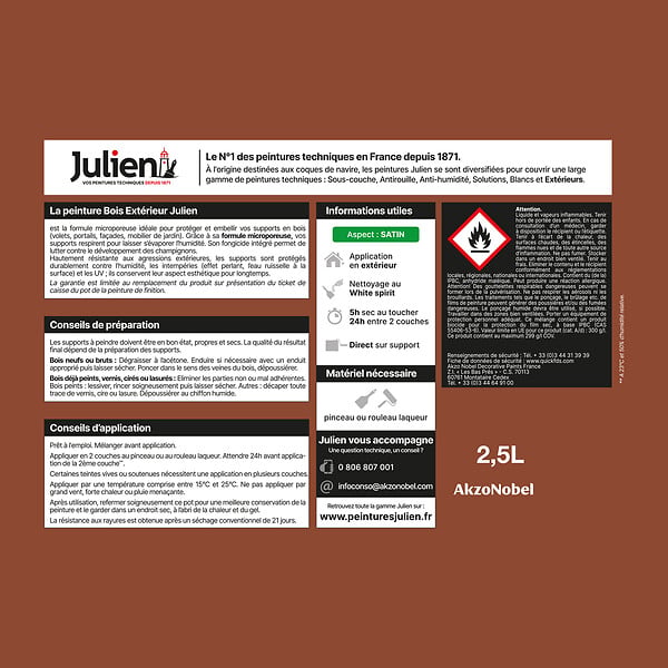 JULIEN - Peinture Extérieure Bois Microporeux Julien Satin - Brun Cuivre 2.5L - large