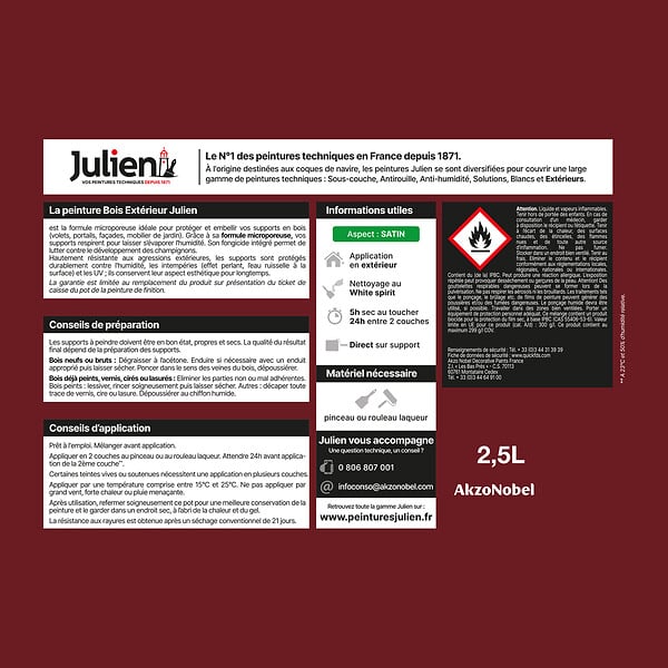 JULIEN - Peinture Extérieure Bois Microporeux Julien Satin - Rouge Basque 2.5L - large