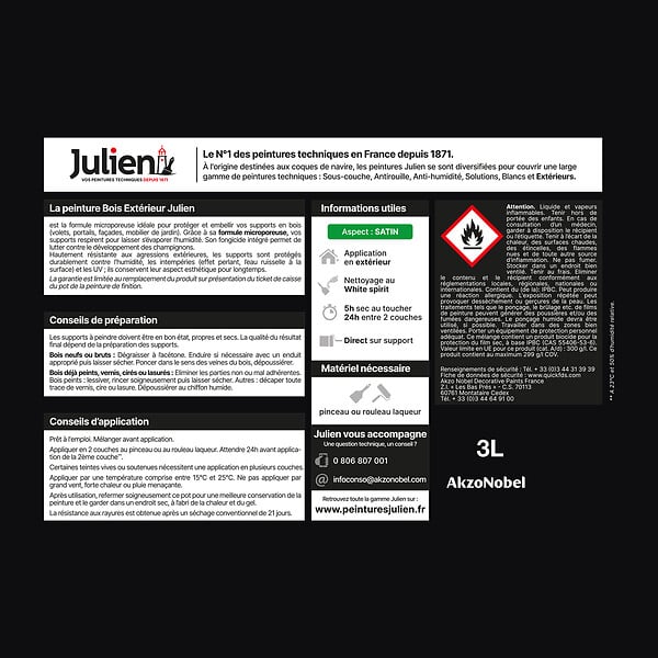 JULIEN - Peinture Extérieure Bois Microporeux Julien Satin - Noir 2.5L + 20% - large