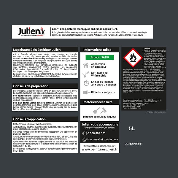 JULIEN - Peinture Extérieure Bois Microporeux Julien Satin - Gris Anthracite 5L - large