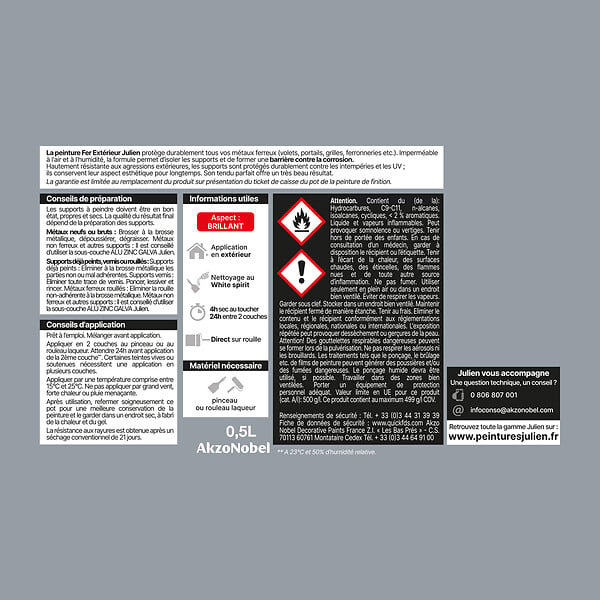JULIEN - Peinture Extérieure Fer Antirouille Julien Brillant - Gris Acier 0.5L - large