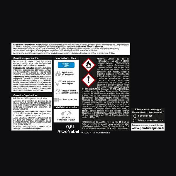 JULIEN - Peinture Extérieure Fer Antirouille Julien Mat - Noir 0.5L - large