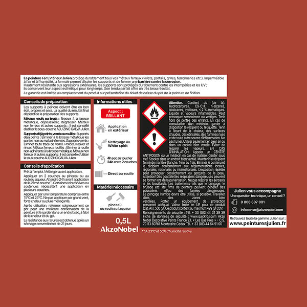 JULIEN - Peinture Extérieure Fer Antirouille Julien Brillant-Rouge Agricol 0.5L - large