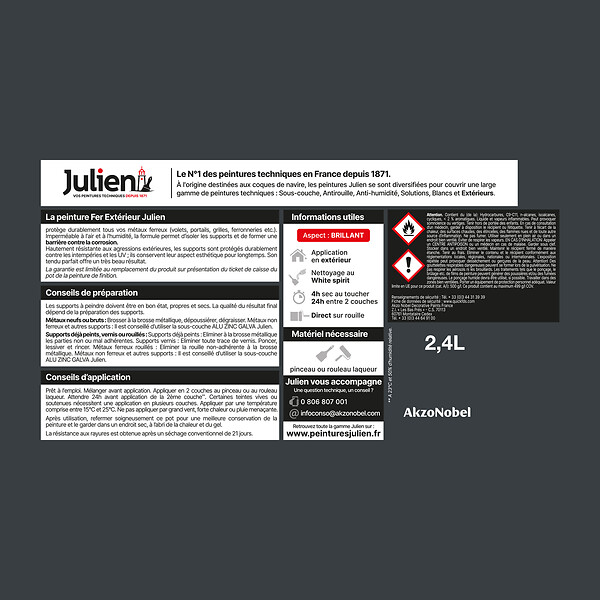 JULIEN - Peinture Extérieure Fer Antirouille Julien Bril.-GrisAnthracite 2L+20% - large