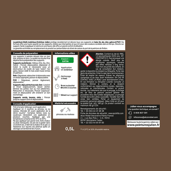 JULIEN - Peinture Extérieure Multi-Materiaux Julien Satin - Brun Normandie 0.5L - large