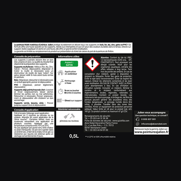 JULIEN - Peinture Extérieure Multi-Materiaux Julien Satin - Noir 0.5L - large