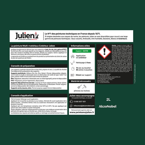 JULIEN - Peinture Extérieure Multi-Materiaux Julien Satin - Vert Basque 2L - large