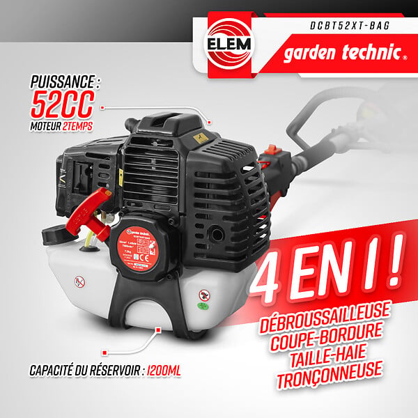 ELEM GARDEN TECHNIC - Outil multifonctions 4 en 1(débroussailleuse - taille haies - élagueuse) - 52cc - Sac de transport - large