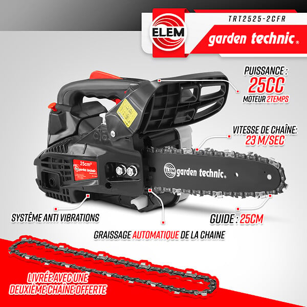ELEM GARDEN TECHNIC - Elagueuse thermique 25cc - guide 25cm - 2 temps - Livrée avec 2 chaînes - large