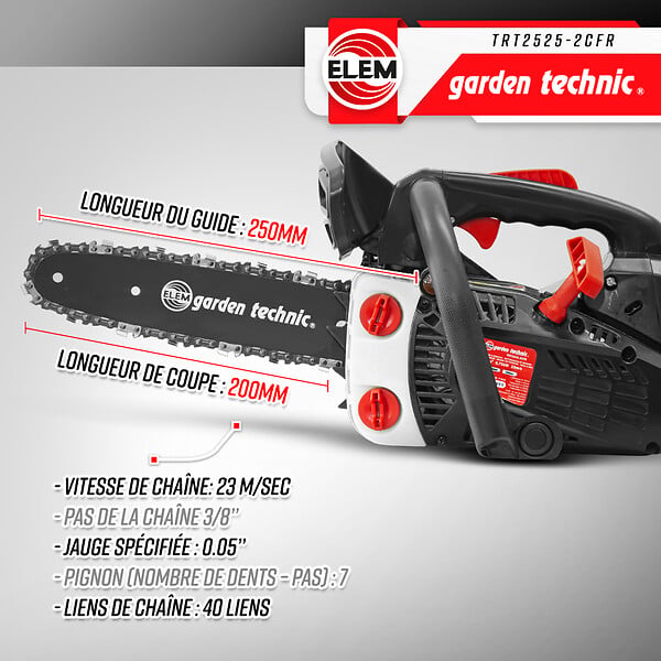 ELEM GARDEN TECHNIC - Elagueuse thermique 25cc - guide 25cm - 2 temps - Livrée avec 2 chaînes - large