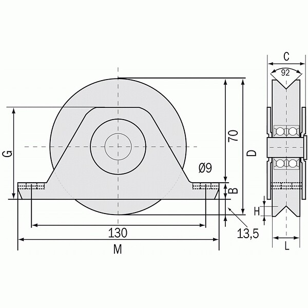COMMUNELLO - Roue à support intérieur à gorge triangulaire 336 V diamètre 120 mm - 2 roulements pour roues à roulements à billes - large
