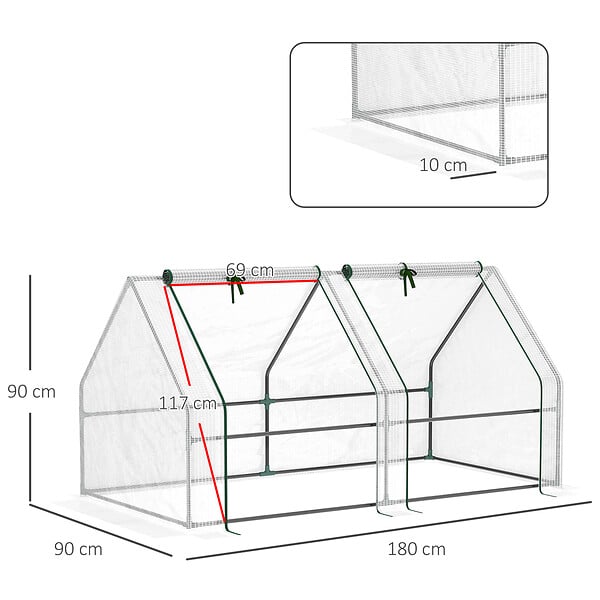 OUTSUNNY - Mini serre de jardin serre à tomates 180L x 90l x 90H cm acier PE haute densité 140 g/m² anti-UV 2 fenêtres avec zip enroulables blanc - large