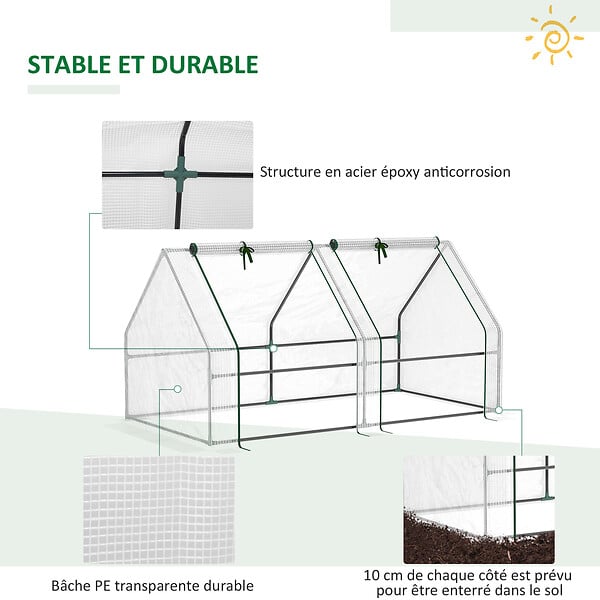 OUTSUNNY - Mini serre de jardin serre à tomates 180L x 90l x 90H cm acier PE haute densité 140 g/m² anti-UV 2 fenêtres avec zip enroulables blanc - large