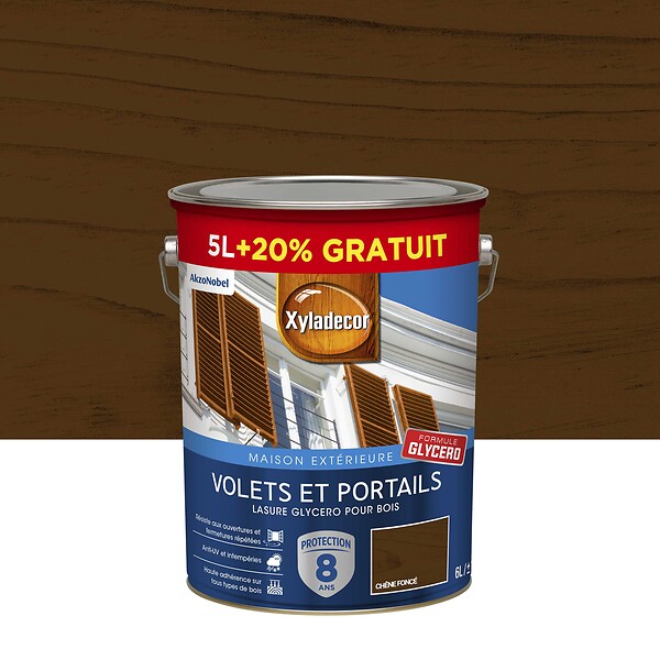 XYLADECOR - Lasure glycéro bois - Chêne foncé - Satin - Volets et portails - 6L - large