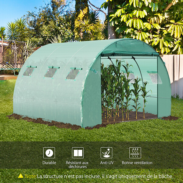 OUTSUNNY - Bâche de rechange serre tunnel 9 mÂ², bâche dim. 3L x 3l x 2H m PE anti-UV imperméable 6 fenêtres + porte enroulable zippée vert - large