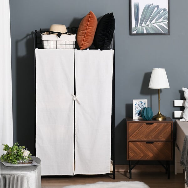 HOMCOM - Armoire penderie multi-rangement - 5 étagères - dim. 84L x 42l x 158,5H cm - métal noir motif fleurs 2 rideaux blanc - large