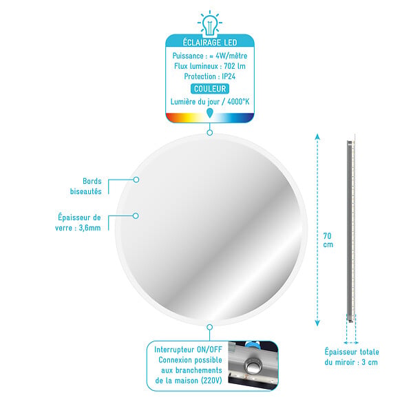 AURLANE - Miroir salle de bain rond avec eclairage LED - Diamètre 70cm - GO LED - large