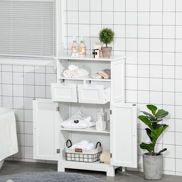 KLEANKIN - Meuble bas de salle de bain multi-rangements grande niche 2 tiroirs placard double porte avec étagère MDF blanc - large
