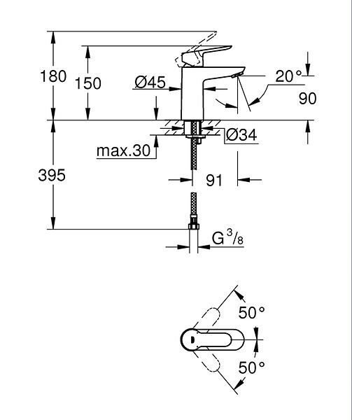 GROHE - Set Mitigeur pour lavabo taille S + Bonde clic clac Grohe pour lavabo avec trop-plein (MitigeurS1-CLICCLAC) - large