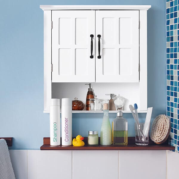HOMCOM - Armoire haute murale de salle de bain ou WC placard 2 portes 2 étagères niche dim. 60L x 20l x 58H cm MDF panneaux particules blanc - large