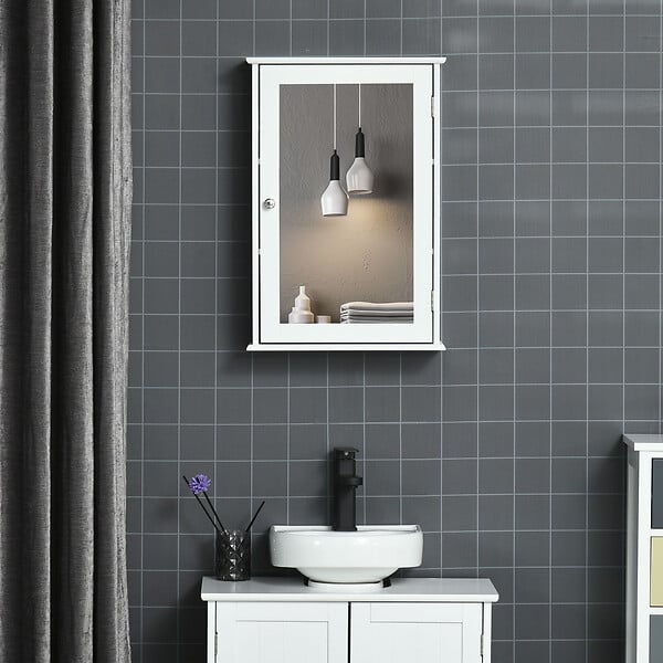 KLEANKIN - Armoire murale de salle de bain avec miroir - armoire à glace - placard de rangement toilettes - 1 porte, 2 étagères - verre MDF blanc - large