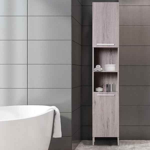 HOMCOM - Meuble colonne rangement salle de bain dim. 30L x 32l x 172H cm 2 placards avec étagère + 2 niches MDF imitation bois gris - large