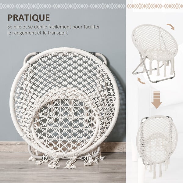OUTSUNNY - Loveuse fauteuil rond de jardin fauteuil lune papasan pliable grand confort macramé coton polyester beige - large