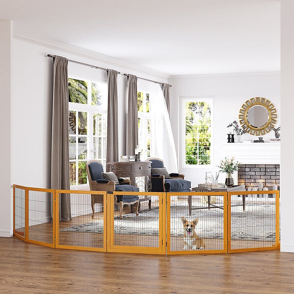 PAWHUT - Barrière de sécurité parc enclos chien modulable pliable porte verrouillable intégrée 5 panneaux grillage acier noir bois de pin verni - large
