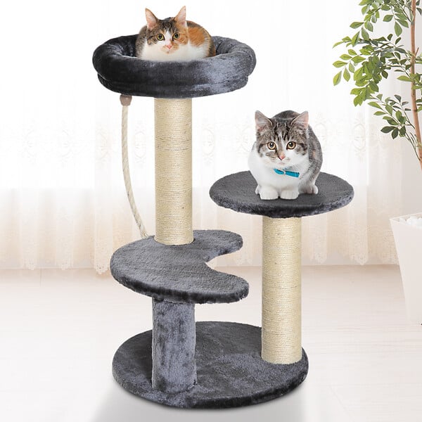 PAWHUT - Arbre à chats 2 griffoirs grattoirs sisal naturel 3 plateformes corde à grimper dim. Ø 40 x 65H cm peluche haute densité 500 g/m² gris - large