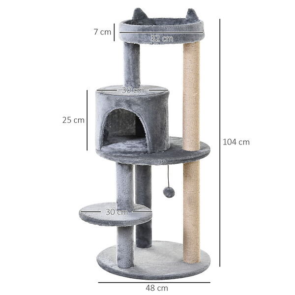 PAWHUT - Arbre à chats multi-équipements griffoirs grattoirs plateformes niche jeu boule suspendue Ø 48 x 104H cm gris - large