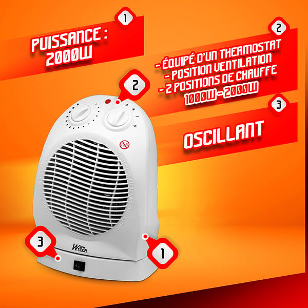 WARM TECH - Radiateur soufflant 2000W oscillant avec thermostat - large