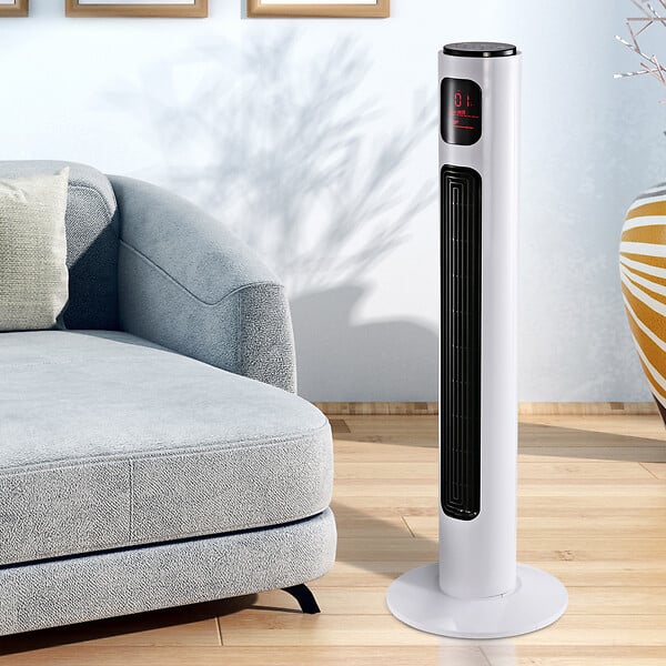HOMCOM - Ventilateur colonne tour programmable oscillant silencieux 45 W avec télécommande écran affichage minuterie 3 modes 3 vitesses 32L x 32l x 96H cm blanc noir - large