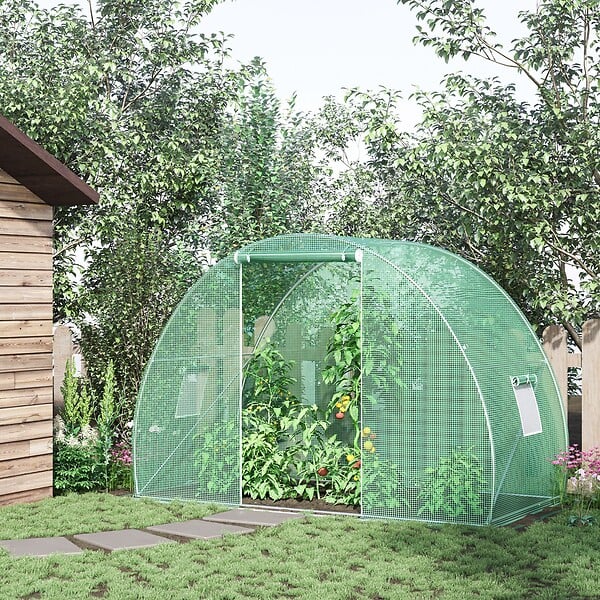 OUTSUNNY - Serre de jardin tunnel surface sol 4,5 mÂ² dim. 3L x 1,5l x 2H m châssis tubulaire renforcé porte zippée 2 fenêtres enroulables vert - large