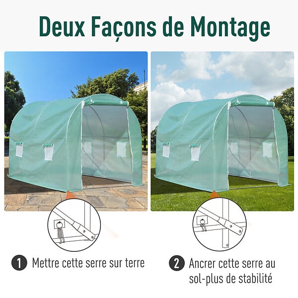 OUTSUNNY - Serre de jardin tunnel surface sol 6 m² 3L x 2l x 2,10H m châssis tubulaire renforcé porte zippée 4 fenêtres enroulables vert - large