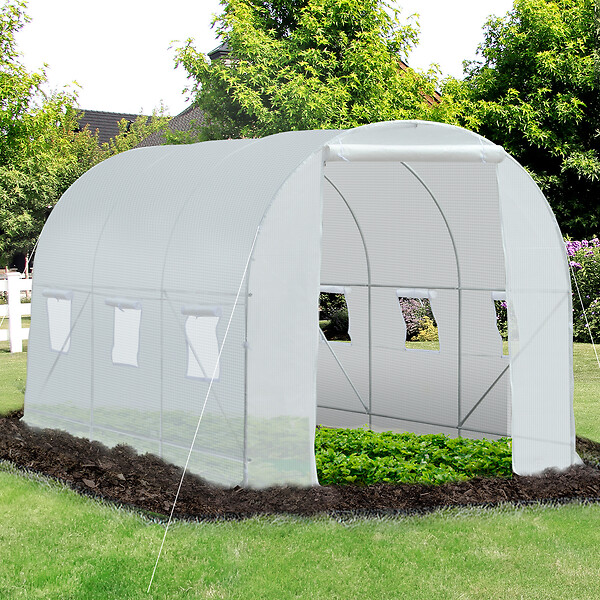 OUTSUNNY - Serre de jardin tunnel surface sol 7 m² 3,5L x 2l x 2H m châssis tubulaire renforcé 18 mm 6 fenêtres blanc - large