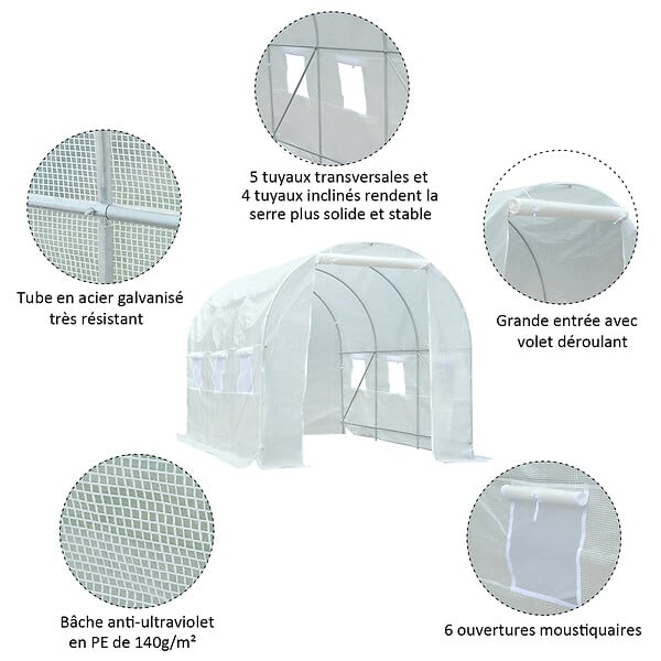 OUTSUNNY - Serre de jardin tunnel surface sol 7 m² 3,5L x 2l x 2H m châssis tubulaire renforcé 18 mm 6 fenêtres blanc - large