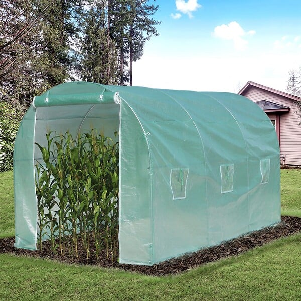 OUTSUNNY - Serre de jardin tunnel surface sol 8 m² 4L x 2l x 2,10H m châssis tubulaire renforcé porte zippée 6 fenêtres enroulables vert - large