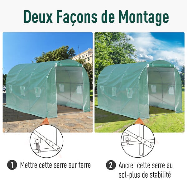 OUTSUNNY - Serre de jardin tunnel surface sol 8 m² 4L x 2l x 2,10H m châssis tubulaire renforcé porte zippée 6 fenêtres enroulables vert - large