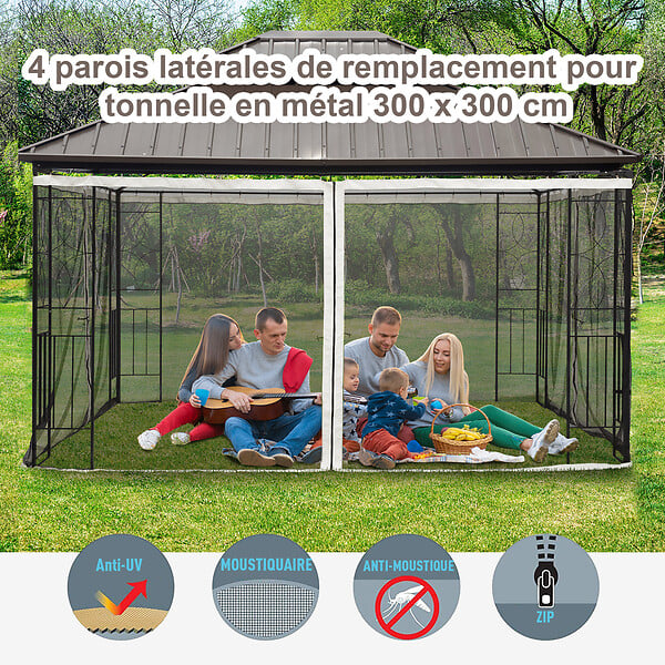 OUTSUNNY - Moustiquaires pour tonnelle barnum pavillon de jardin 3 x 3 m - lot de 4 moustiquaires zippées + crochets d'attaches - polyester nylon - large