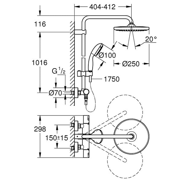 GROHE - Colonne de douche thermostatique XXL Round 250 + Douchette 2 jets, Chrome (26816022) - large