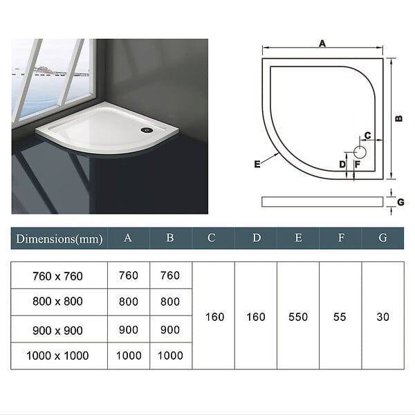 AICA SANITAIRE - AICA receveur de douche blanc 90x90x3cm 1/4 de cercle, extra-plat, gel coat, bac à douche anti-dérapant avec la bonde de receveur et le siphon 90cm - large