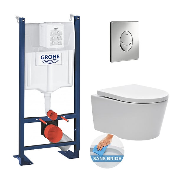 GROHE - Pack WC autoportant avec cuvette Swiss Aqua Technologies sans bride + Plaque chrome (ProjectSATrimless-1) - large