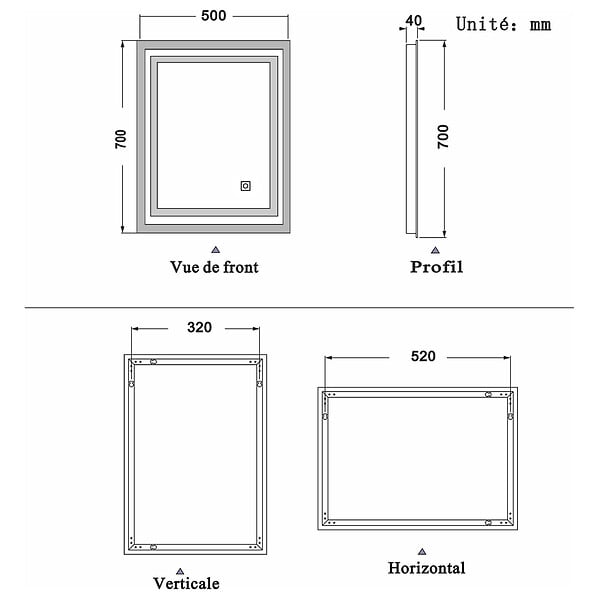 AICA SANITAIRE - Aica sanitaire Miroir simple de salle de bain lumineux LED avec anti-buée et interrupteur tactile intégré 70x50cm - large