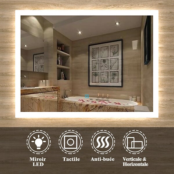 AICA SANITAIRE - Aica sanitaire 100x60cm Miroir de salle de bain lumineux LED avec anti-buée et interrupteur tactile intégré - large