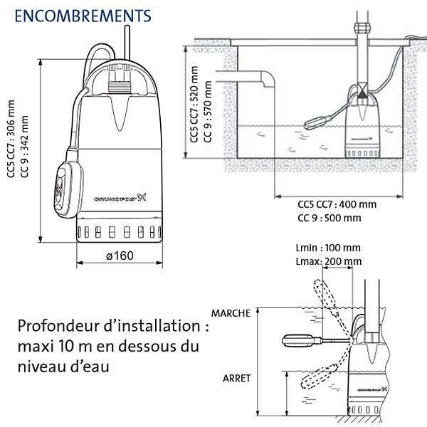 GRUNDFOS - pompe de relevage 240w avec flotteur réglable - unilift cc5 a1 - large