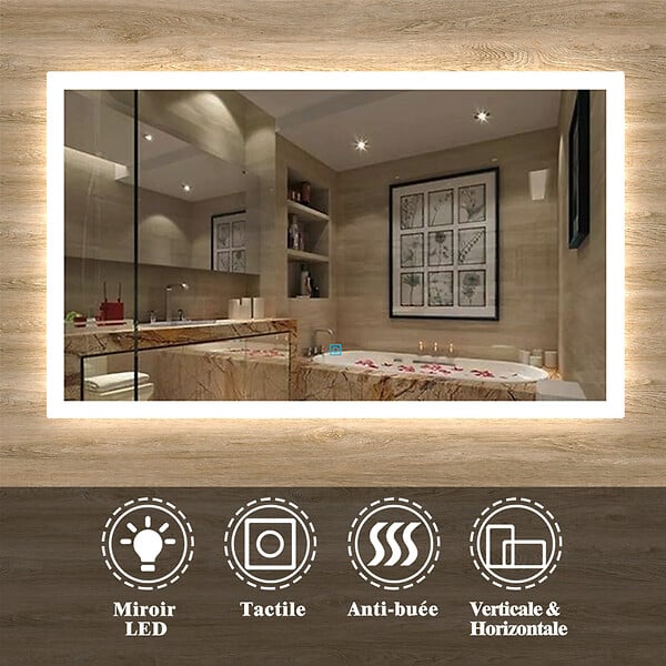 AICA SANITAIRE - Aica sanitaire Miroir de salle de bain lumineux LED avec anti-buée et interrupteur tactile intégré 60x50cm - large