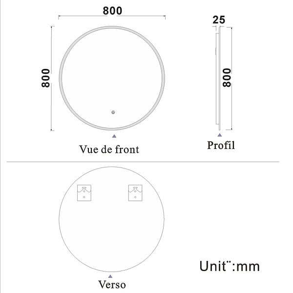 AICA SANITAIRE - AICA Miroir rond LED tactile anti-buée salle de bain suspendu vertical 80x80cm - large